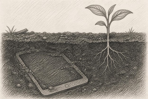 illustration of screen buried in soil with plant growing, preteen discipleship and foundation of faith