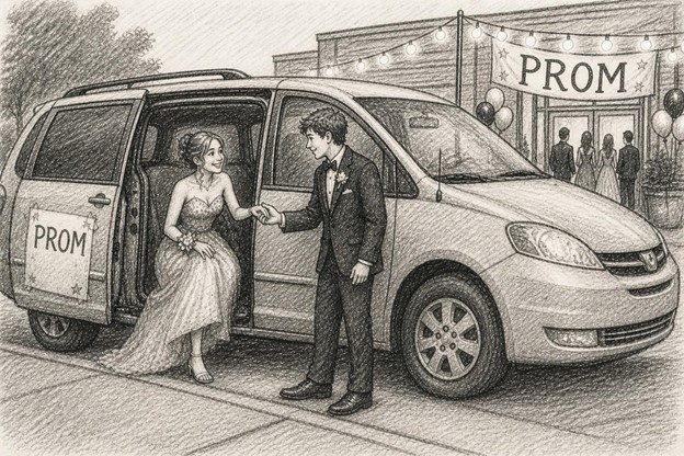 teens arriving at prom in a minivan, humility illustration for raising godly children and biblical worldview